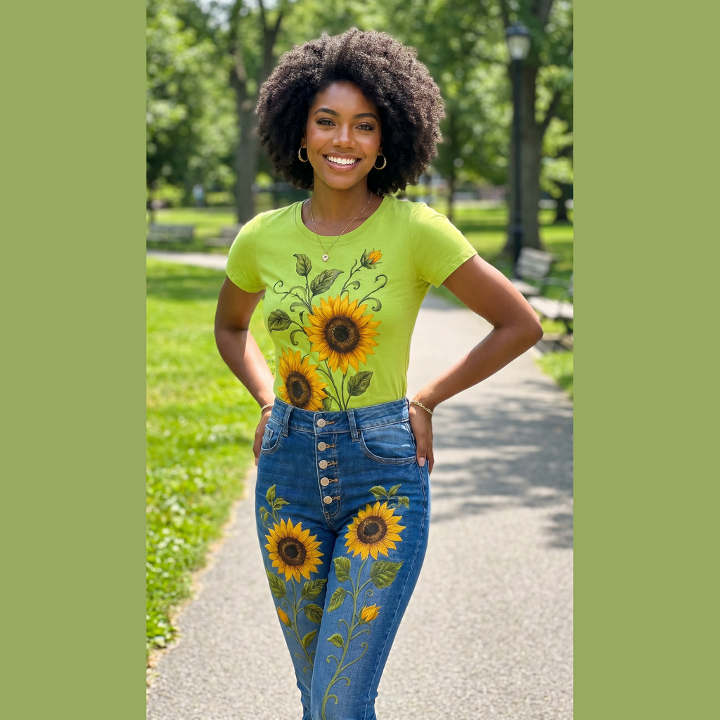 Model wearing lime green sunflower tee and blue denim in park