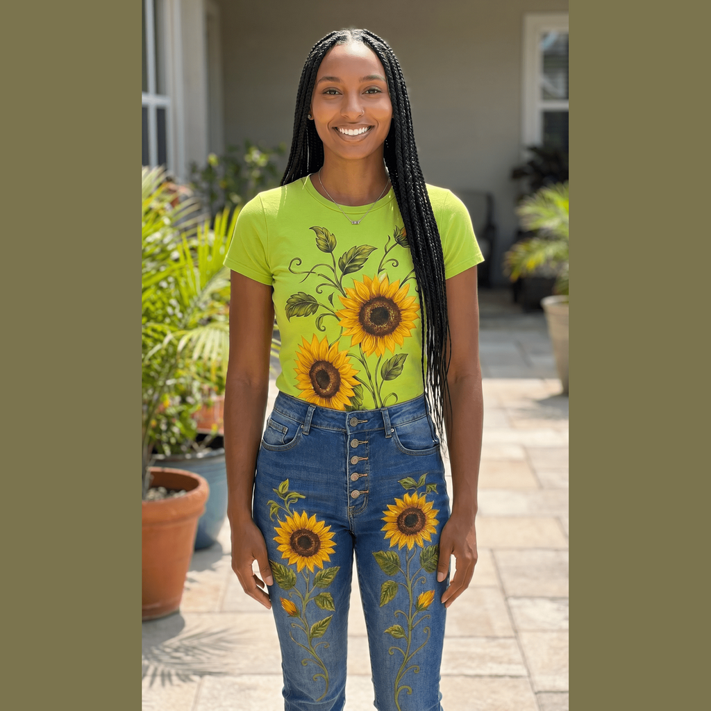 Outdoor lifestyle shot of sunflower vine coordinated set