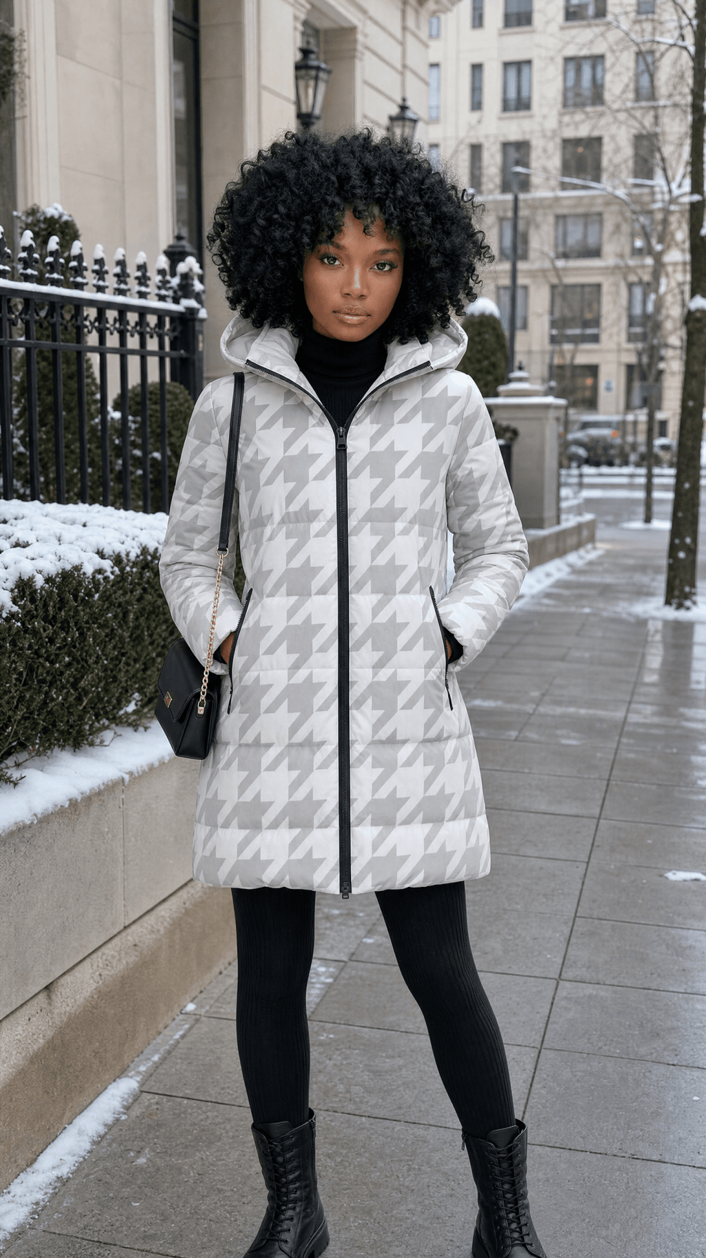 Rich and Rich Women's White Houndstooth Hooded Puffer Coat | Luxury Warm Winter Jacket with Detachable Hood - Rich and Rich Homeopportunities
