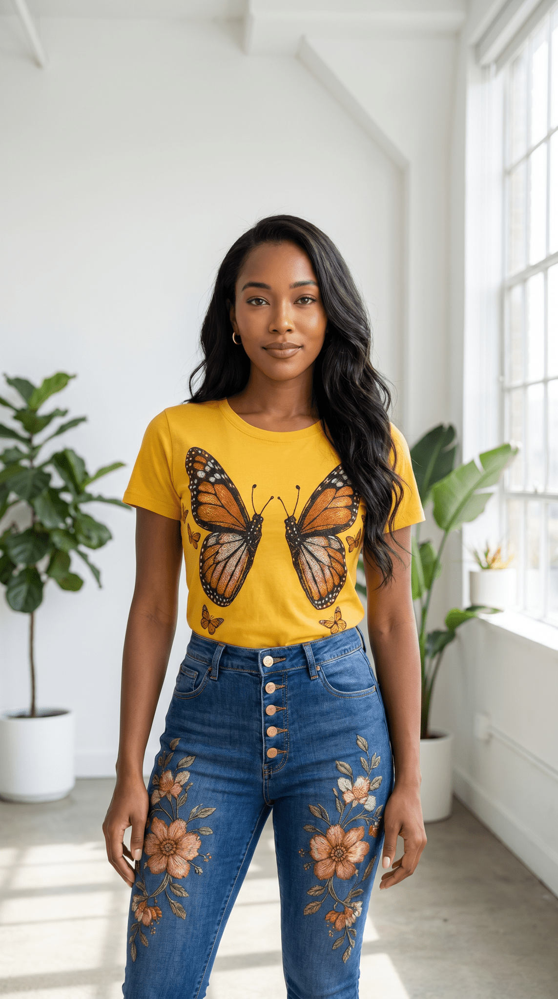 Yellow Butterfly Graphic Tee and High-Waist Embroidered Denim in Bright Room
