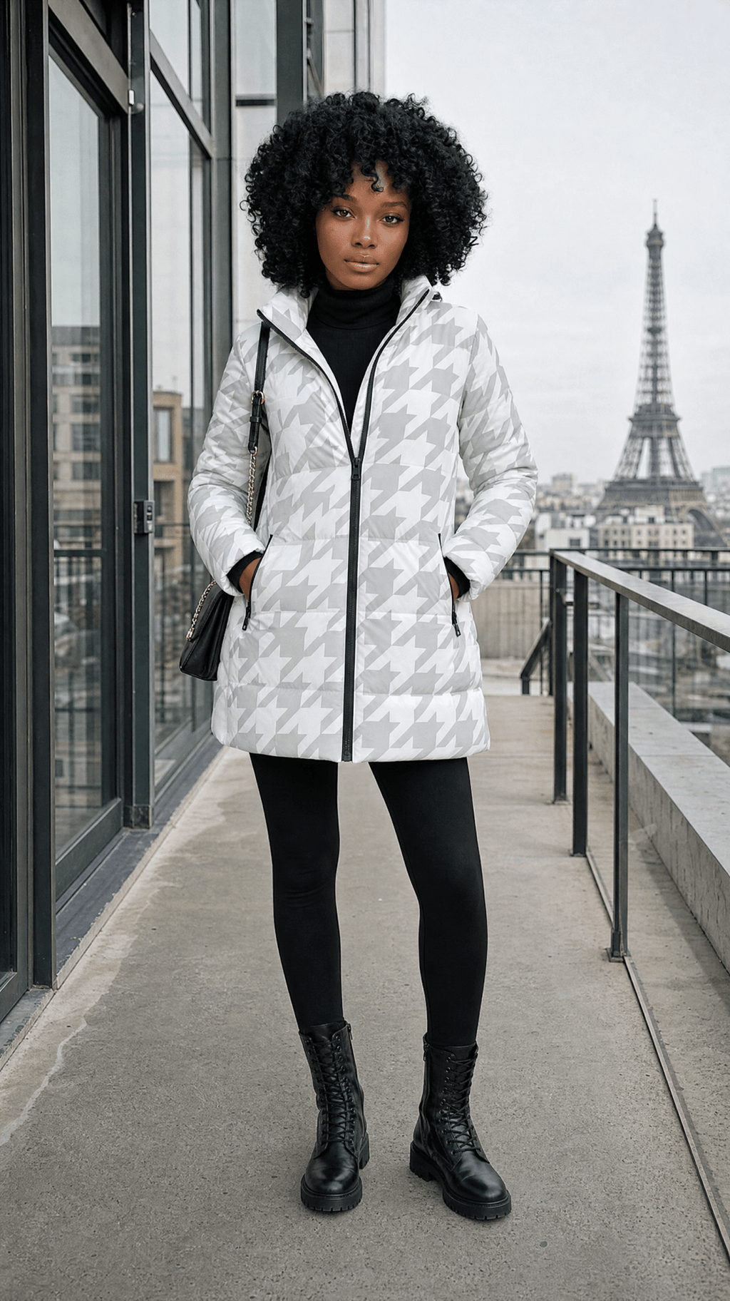 Rich and Rich Women's White Houndstooth Hooded Puffer Coat | Luxury Warm Winter Jacket with Detachable Hood - Rich and Rich Homeopportunities