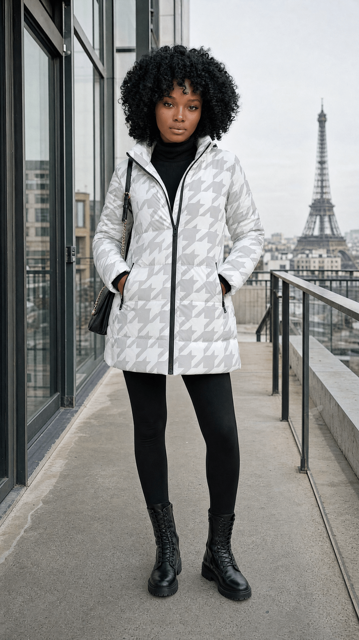 Rich and Rich Women's White Houndstooth Hooded Puffer Coat | Luxury Warm Winter Jacket with Detachable Hood - Rich and Rich Homeopportunities
