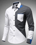 Vertex Cubist Panel Button-Up Shirt in white with graphite geometric Vertex menswear design
