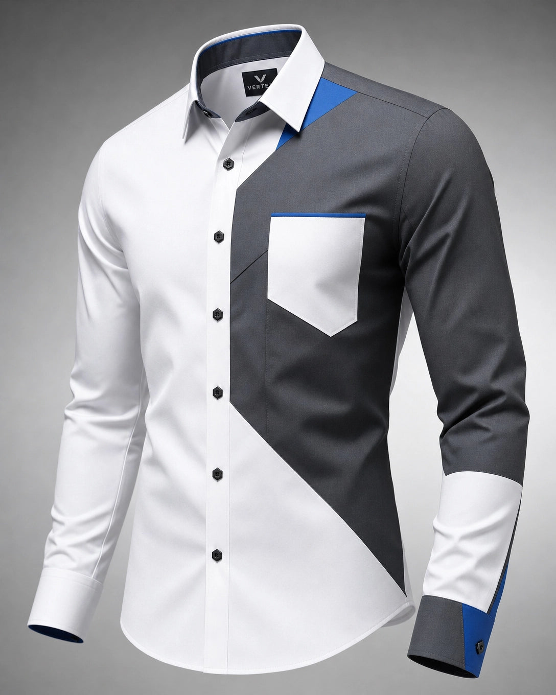 Vertex Cubist Panel Button-Up Shirt in white with graphite geometric Vertex menswear design