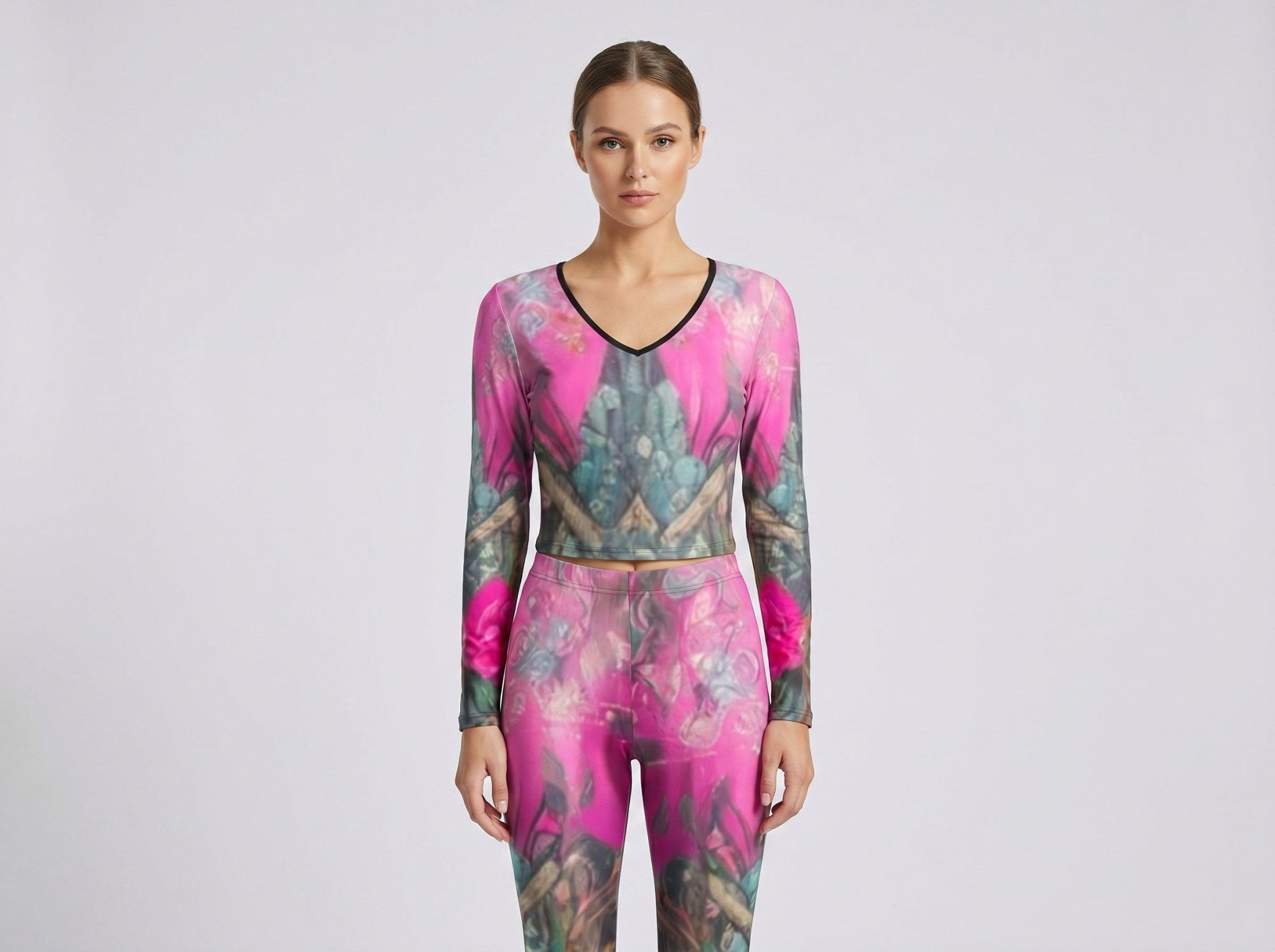 Women's pink floral V-neck long-sleeve yoga sweatshirt and matching pants set — additional view 9