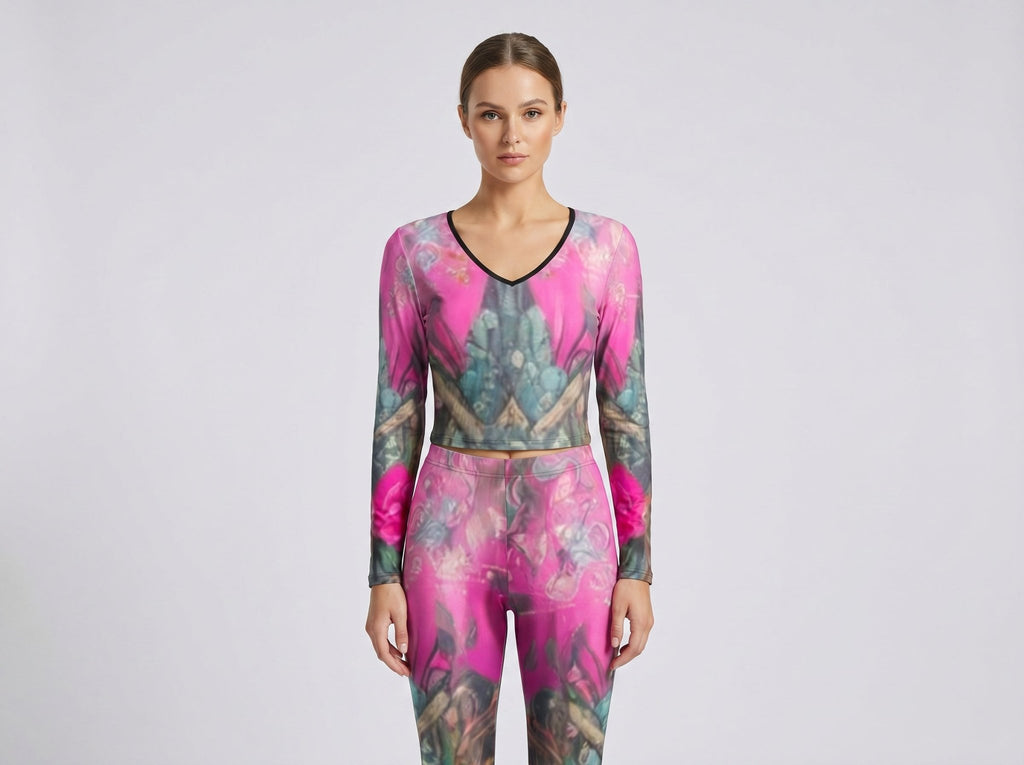 Women's V-neck Pink Floral Long Sleeve Yoga Set - Rich and Rich Homeopportunities