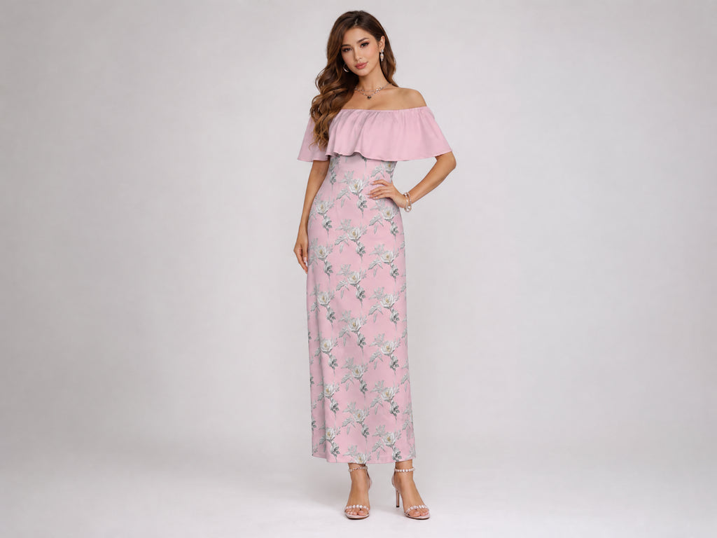 Rich and Rich Women's Pink Floral Off Shoulder Ruffle Boat Neck Dress