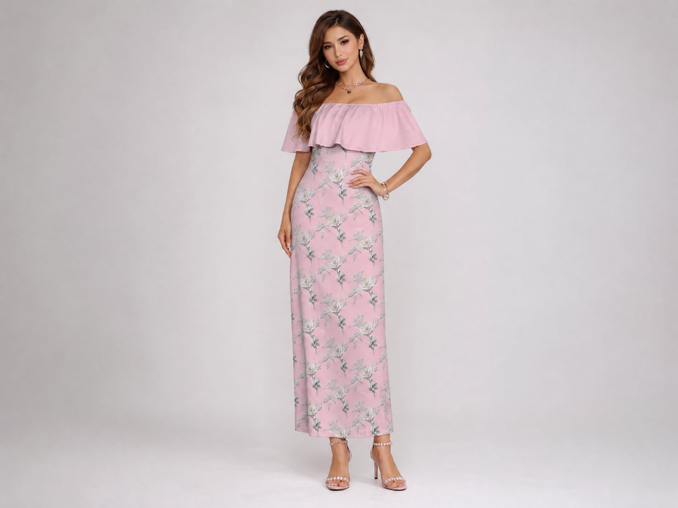 Rich and Rich Women's Pink Floral Off Shoulder Ruffle Boat Neck Dress
