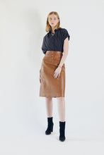 Load image into Gallery viewer, Glossy Brown Vegan Leather Pencil Skirt – Women’s Chic Leather Skirt
