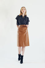 Load image into Gallery viewer, Glossy Brown Vegan Leather Pencil Skirt – Women’s Chic Leather Skirt
