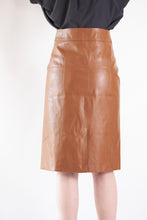 Load image into Gallery viewer, Glossy Brown Vegan Leather Pencil Skirt – Women’s Chic Leather Skirt
