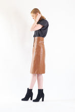 Load image into Gallery viewer, Glossy Brown Vegan Leather Pencil Skirt – Women’s Chic Leather Skirt
