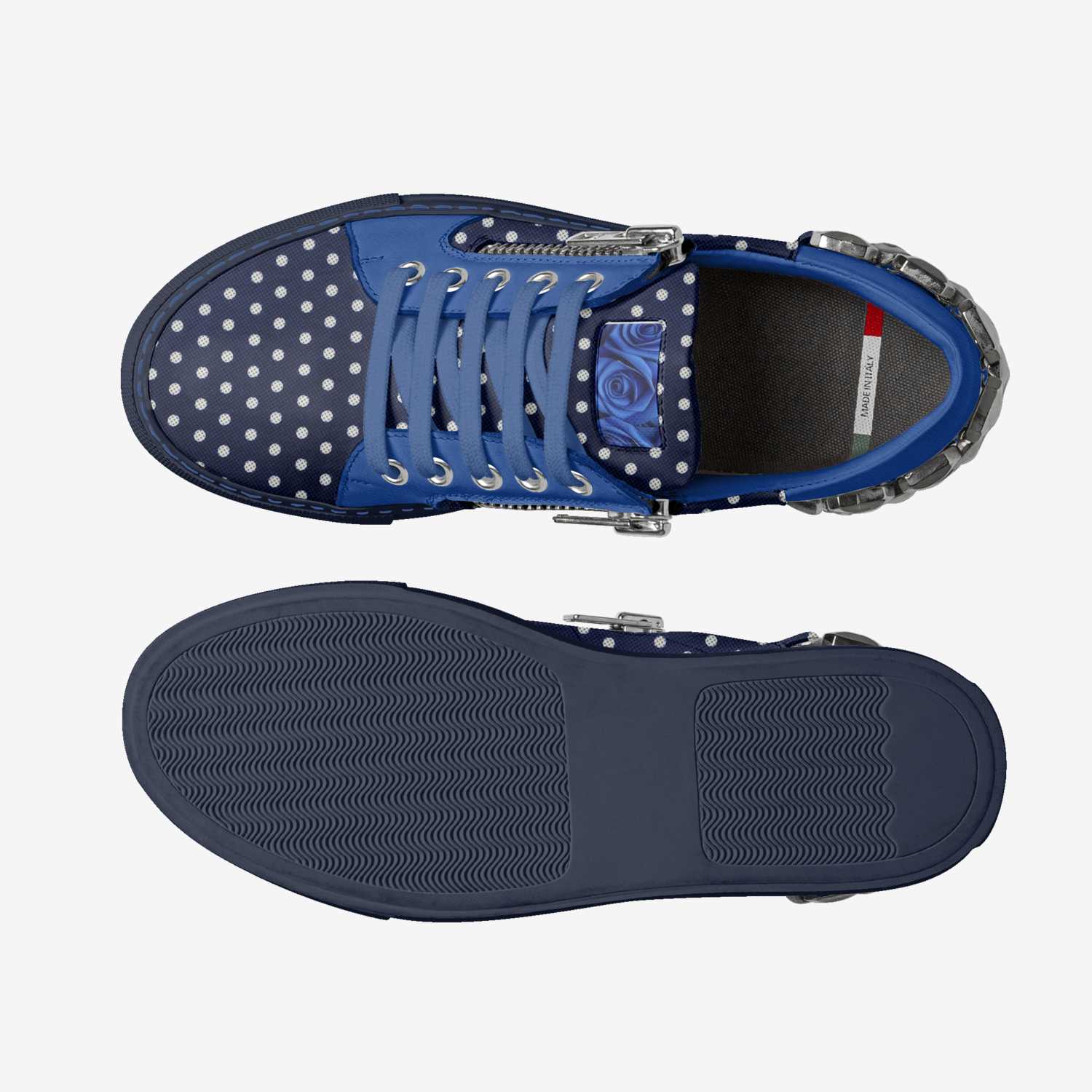 Rich and Rich BlueRoses Metal Urban Blue Low Top Designer Italian Women's Sneaker with metallic accents and side zip