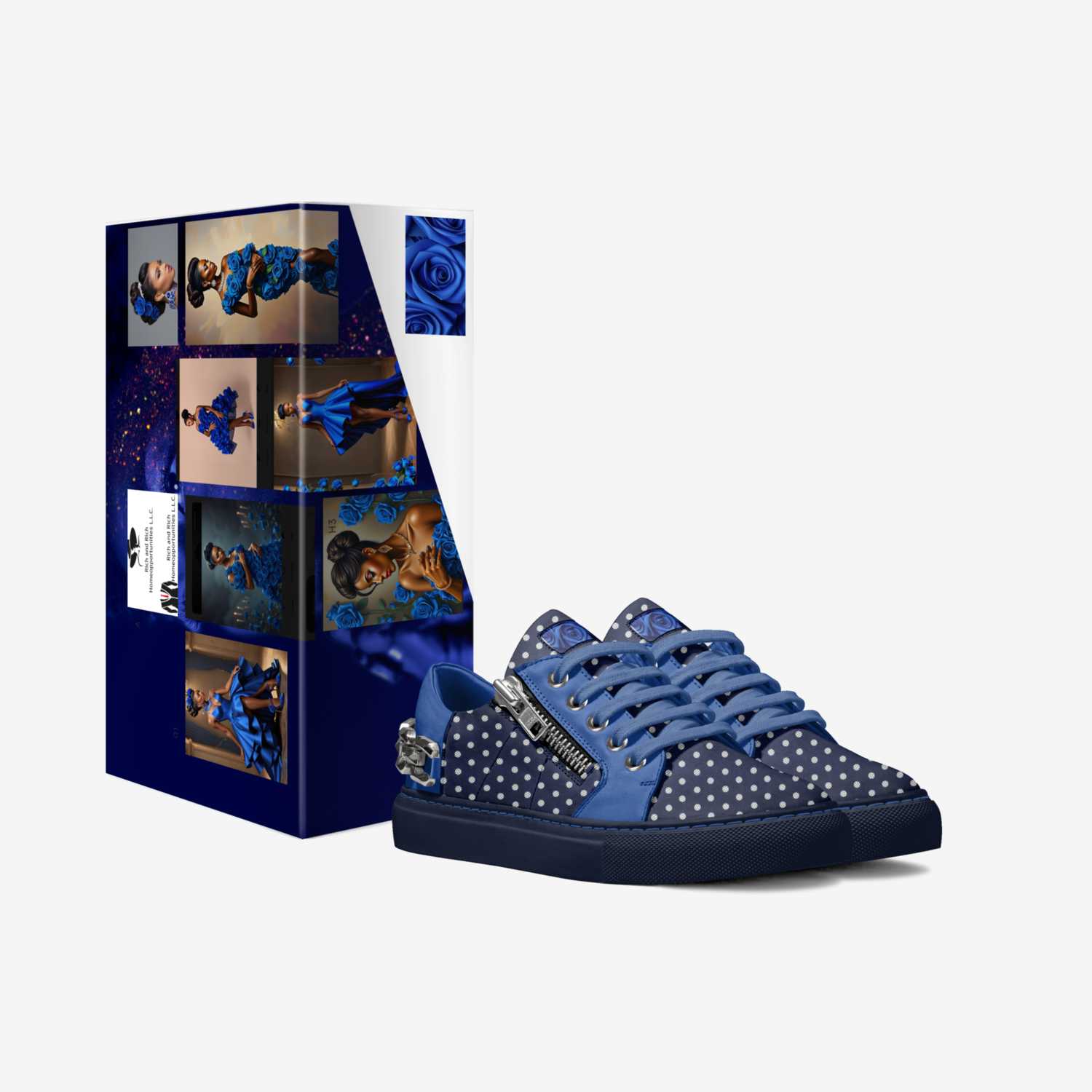 Blue low-top sneaker with metallic details, side zip and chain on the back — alternate view