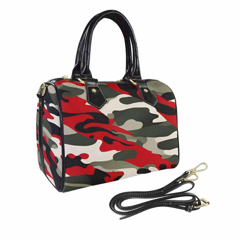 R&RH Red and Green Camouflage Women's PU Leather Handbag with zipper and pocket details