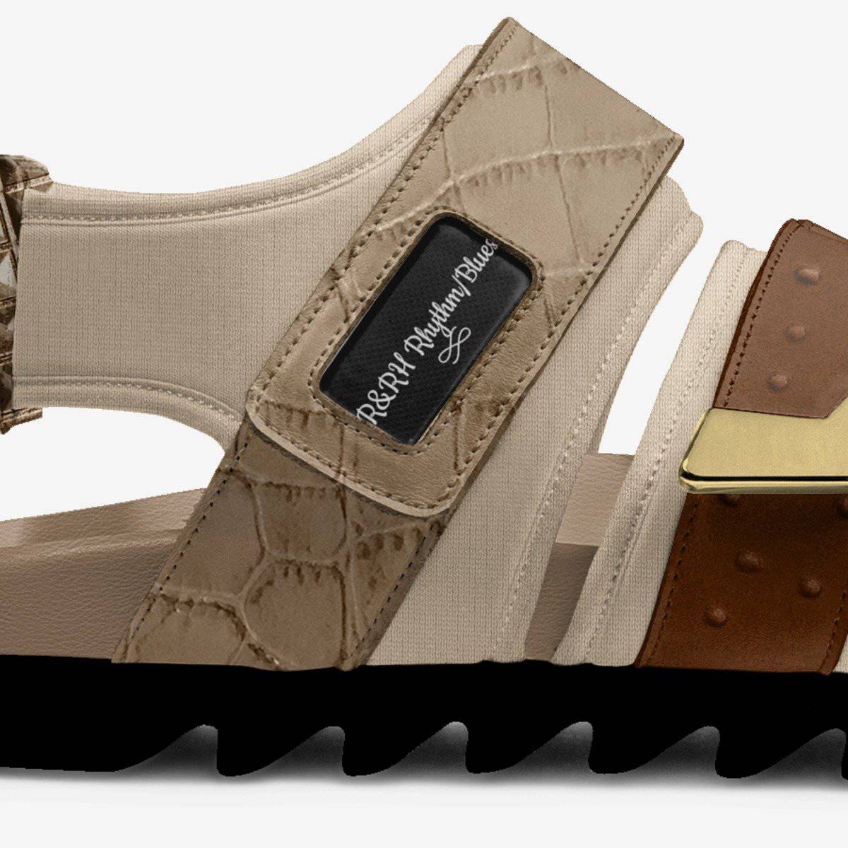 Beige unisex sandal with three straps, custom logo on front strap and metallic accents — alternate view