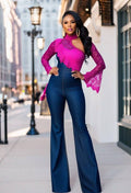 R&RH Women's Fuchsia Lace and Dark Denim Jean Jumpsuit with Zipped Back Closure