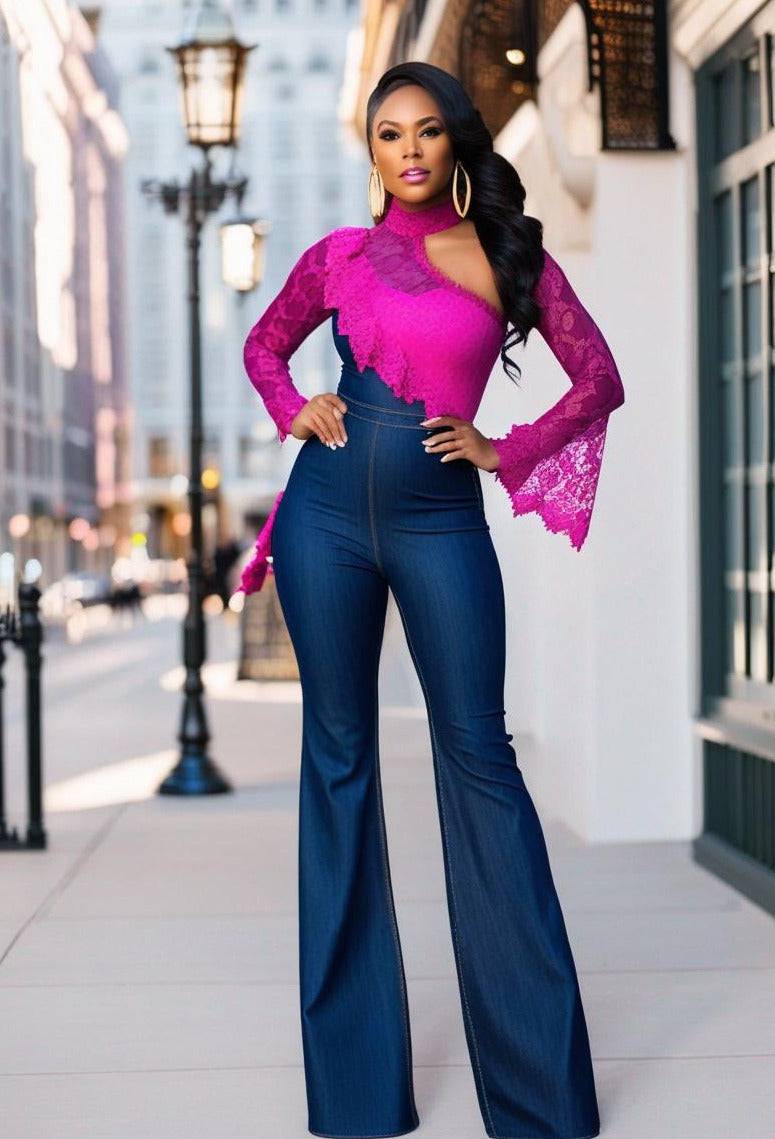 R&RH Women's Fuchsia Lace and Dark Denim Jean Jumpsuit with Zipped Back Closure