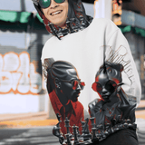 White men's all-over print hoodie with chess game motif, kangaroo pocket and ribbed cuffs and hem — product detail