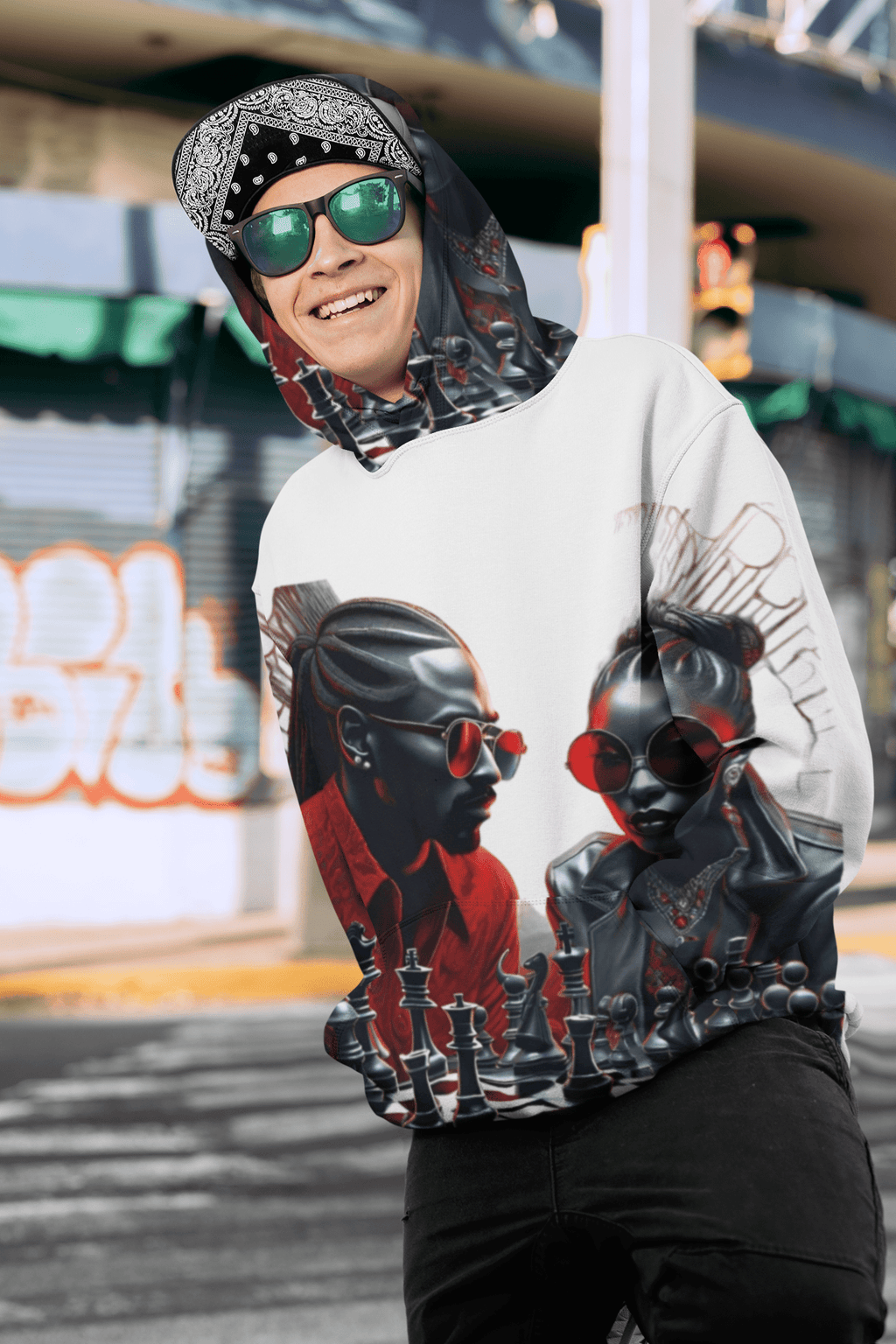 R&RH Men's White Chess Game All Over Print Hoodie front view