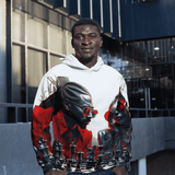 White men's all-over print hoodie with chess game motif, kangaroo pocket and ribbed cuffs and hem — alternate view