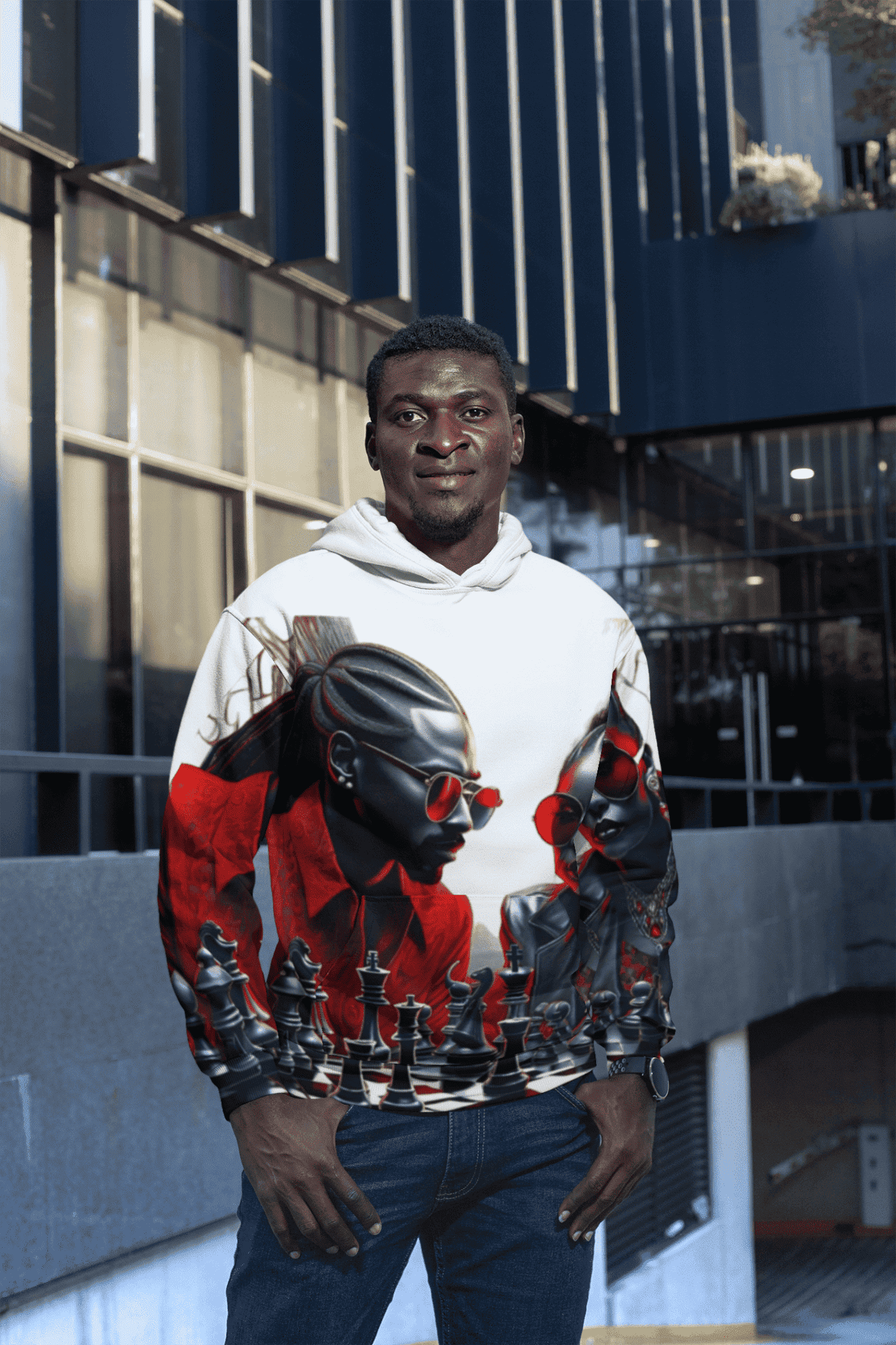 White men's all-over print hoodie with chess game motif, kangaroo pocket and ribbed cuffs and hem — alternate view