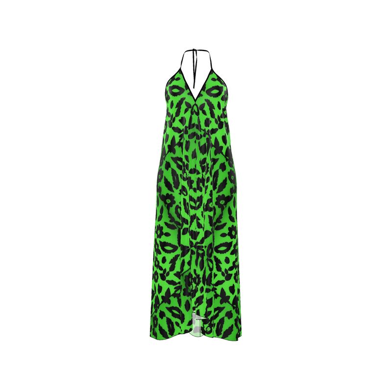 Rich and Rich green abstract women's backless halterneck dress with optional train