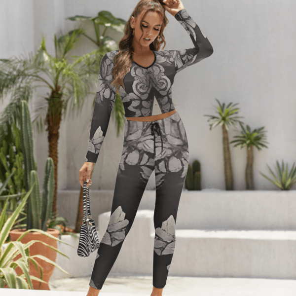 Women's grey long sleeve yoga sweatsuit set with graphic design and stretch fabric
