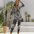R&RH Women's Grey V-neck Long Sleeve Yoga Sweatsuit Set with Graphic Design