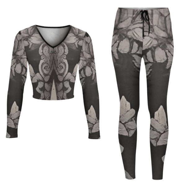R&RH Women's Grey V-neck Long Sleeve Yoga Sweatsuit Set with Graphic Design