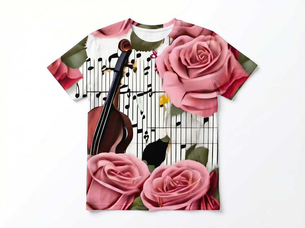 Rich & Rich Roses Violin Music Notes All-Over Print T-Shirt flat mockup