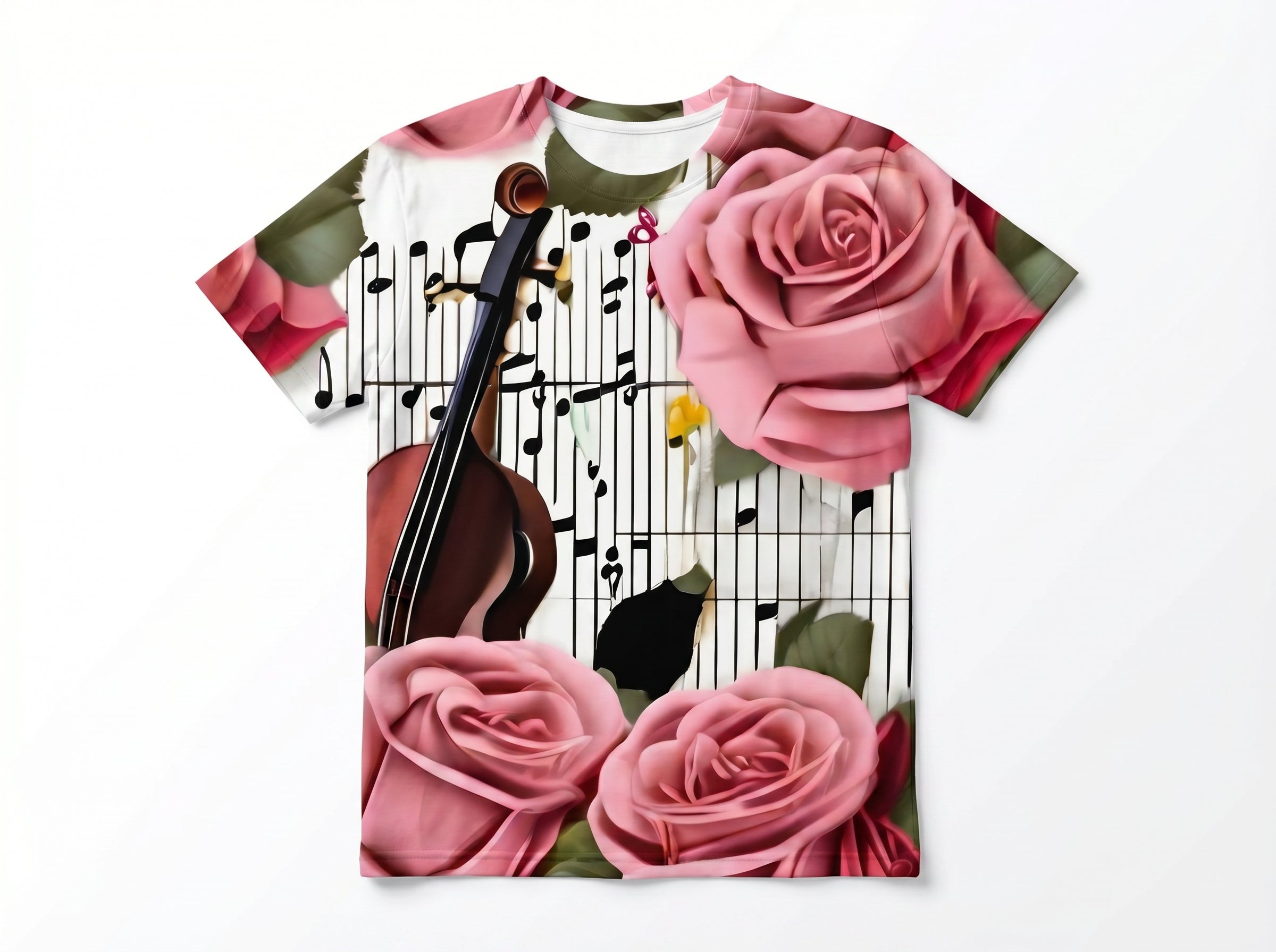 Rich & Rich Roses Violin Music Notes All-Over Print T-Shirt flat mockup