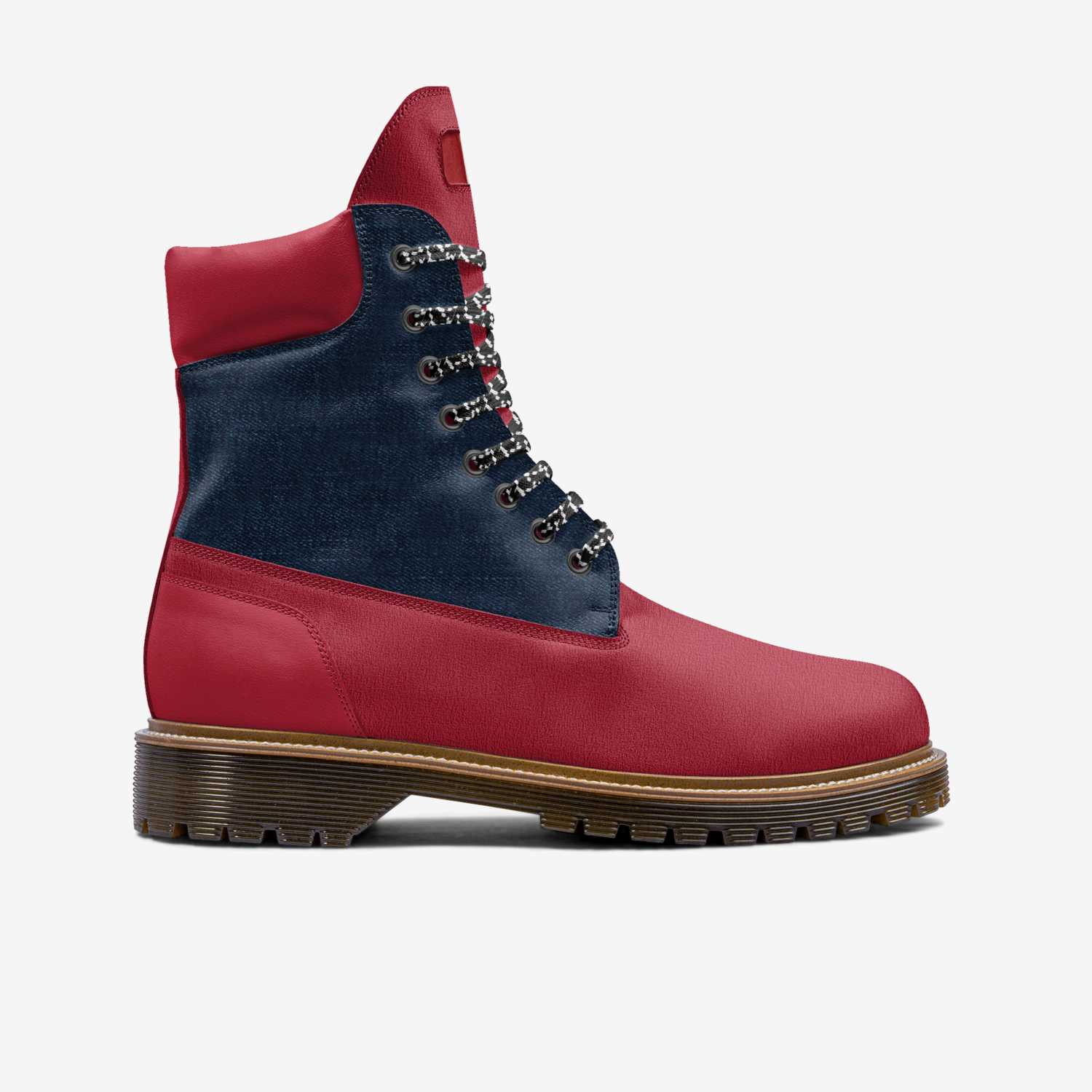 Red high-top leather boot with lugged dark brown sole and oversized logo tongue — additional view 7