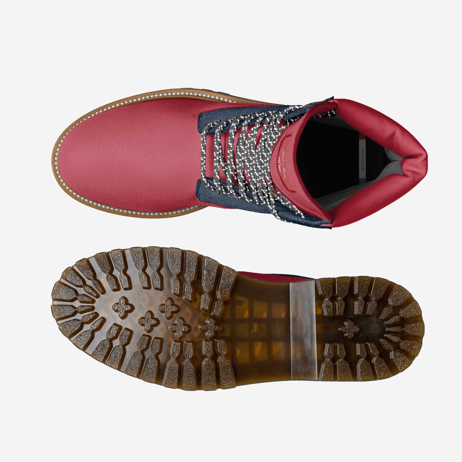 Red high-top leather boot with lugged dark brown sole and oversized logo tongue — rear view