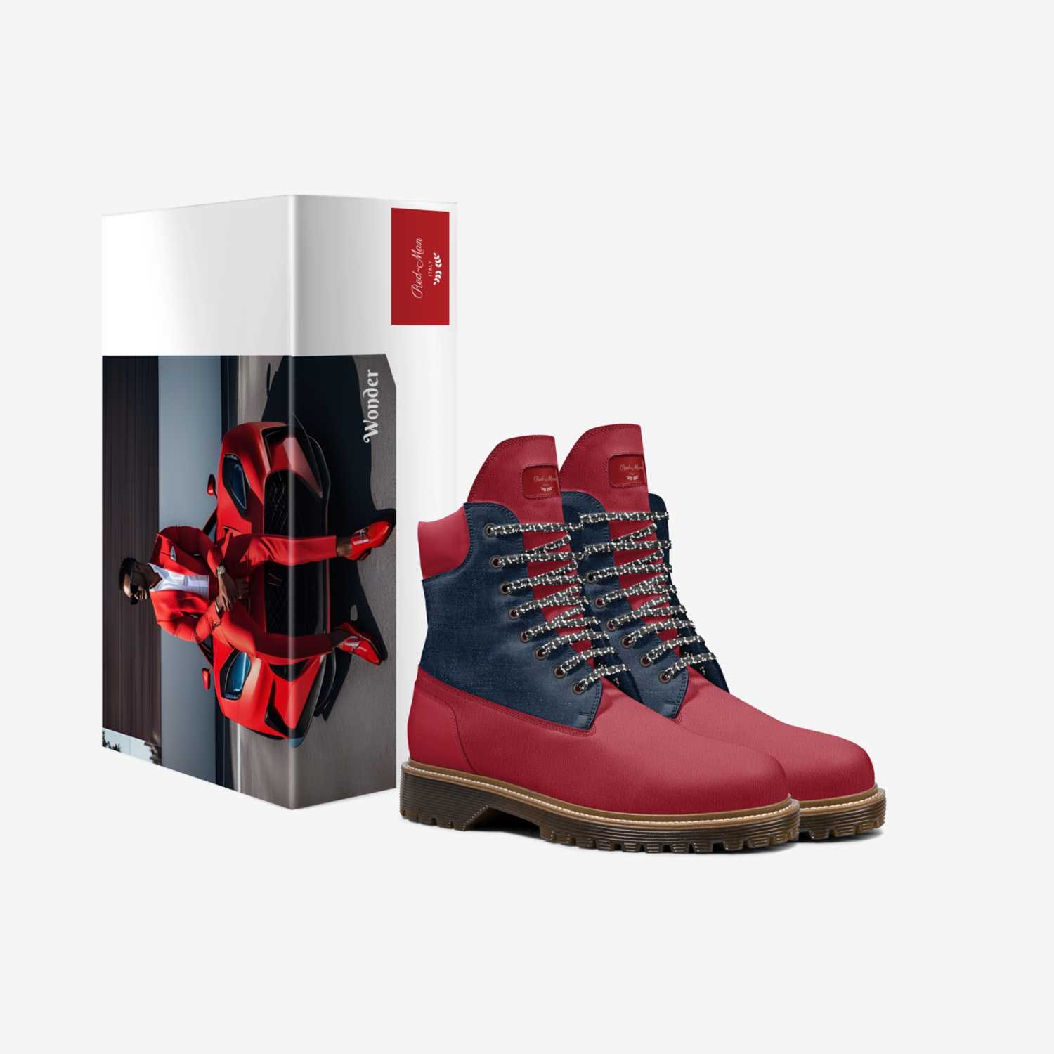 Red high-top leather boot with lugged dark brown sole and oversized logo tongue — alternate view