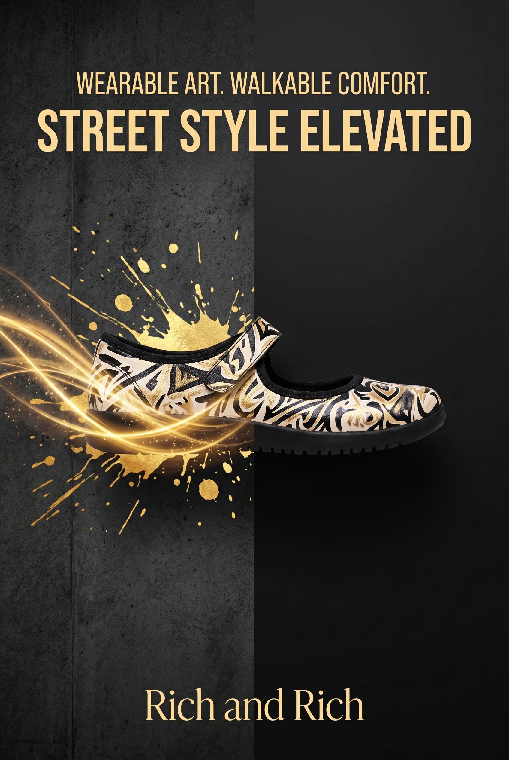 Rich and Rich Black Gold Street Art Women's Mary Jane's