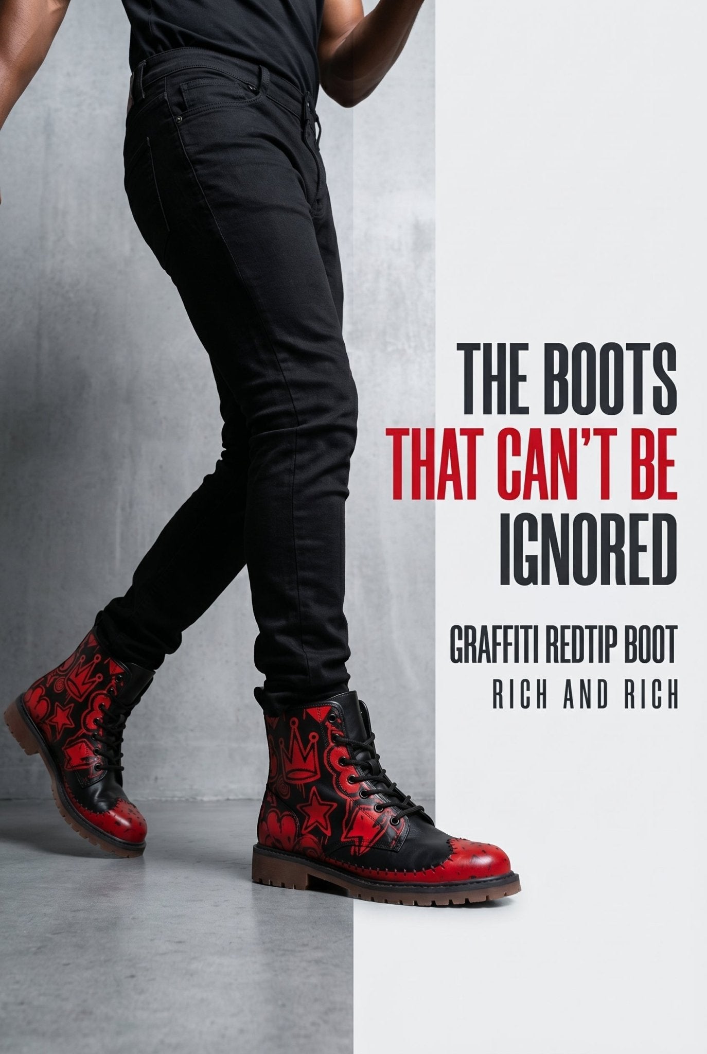 Black men's lace-up faux leather boots with redtip toe and red graffiti print — additional view 10