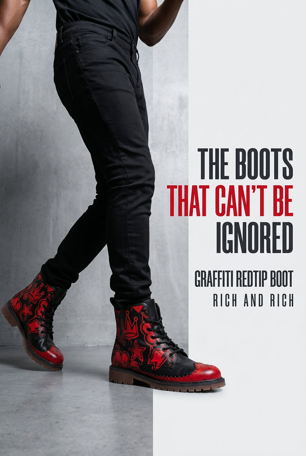 Rich and Rich Graffiti Black Redtip Men's Leather Boots