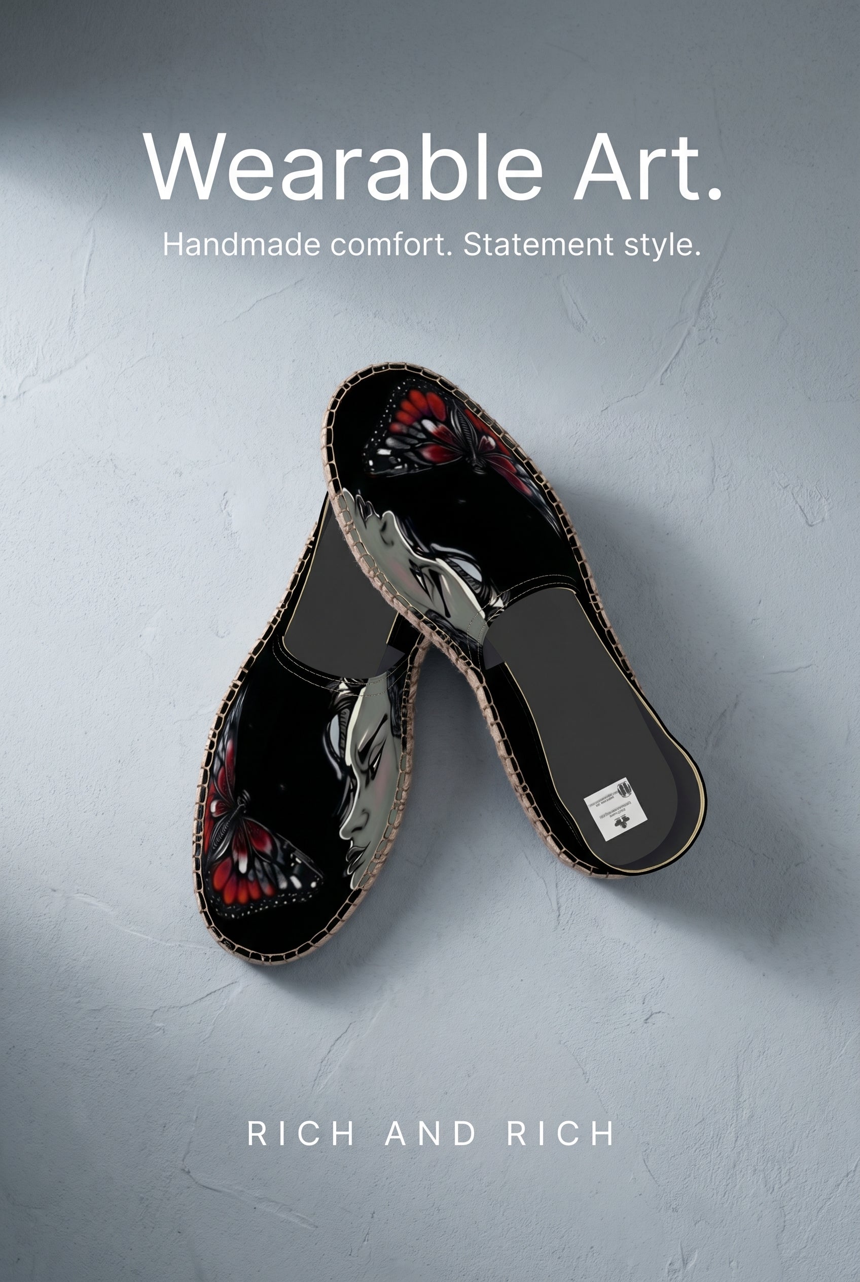 Rich and Rich Women’s Black Butterfly Caricature Black Espadrilles | Handmade Floral Graphic Slip-On Shoes