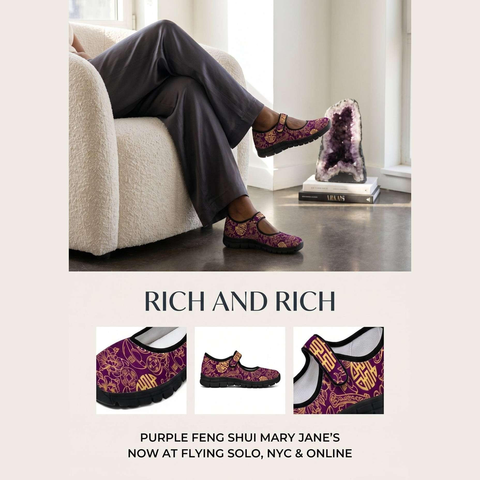 Purple Feng Shui patterned women's Mary Jane shoe with Velcro strap and mesh upper — additional view 11