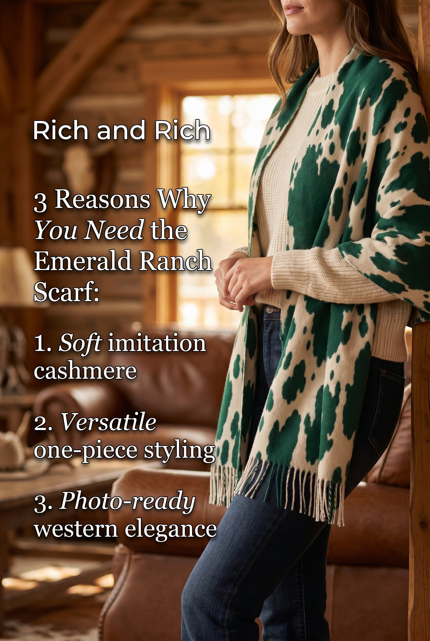 Rich and Rich Emerald Ranch Chic Women’s Tassel Scarf | Soft Designer Imitation Cashmere Wrap