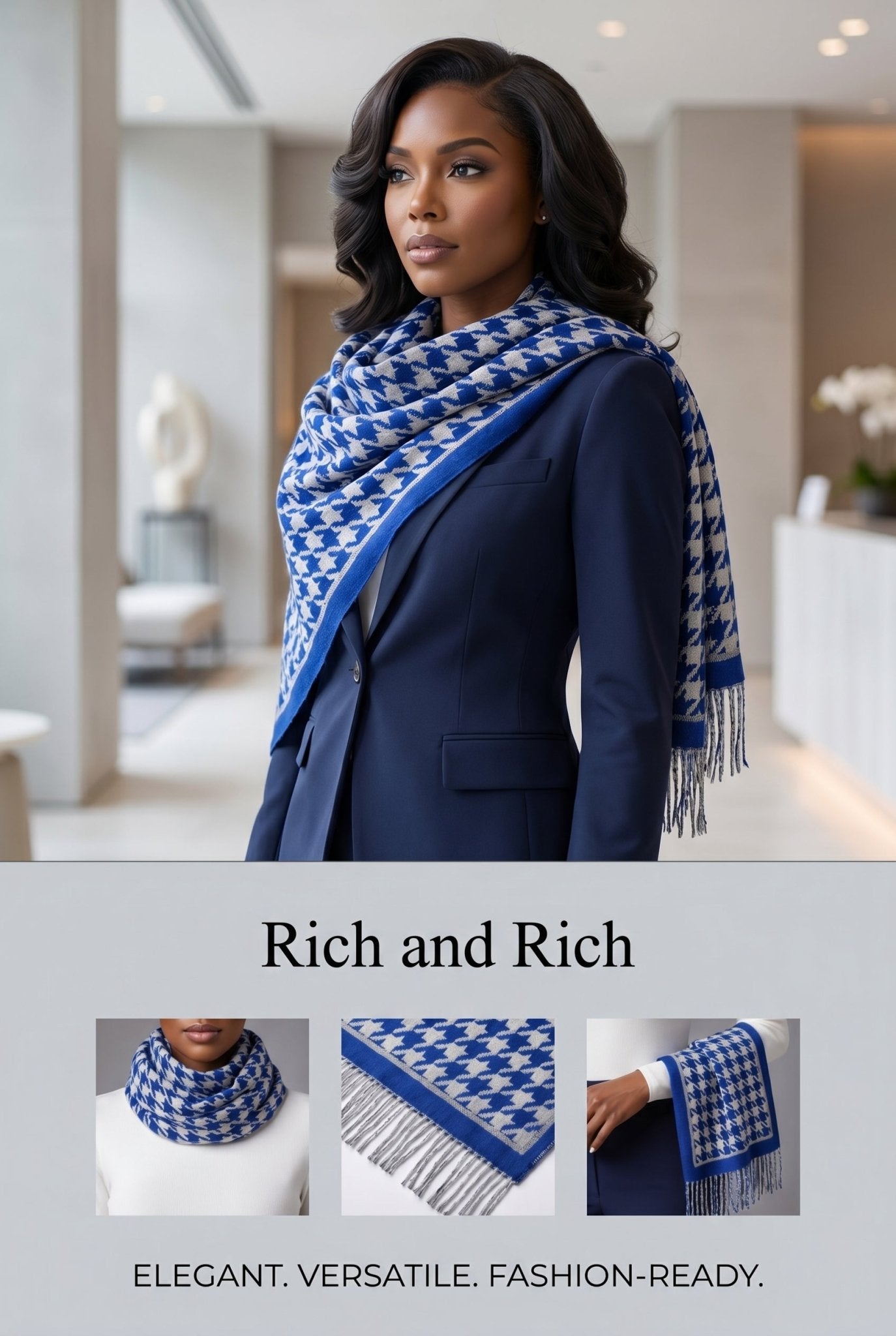 Royal blue and silver tassel scarf in imitation cashmere with fine-hemmed finish — additional view 20