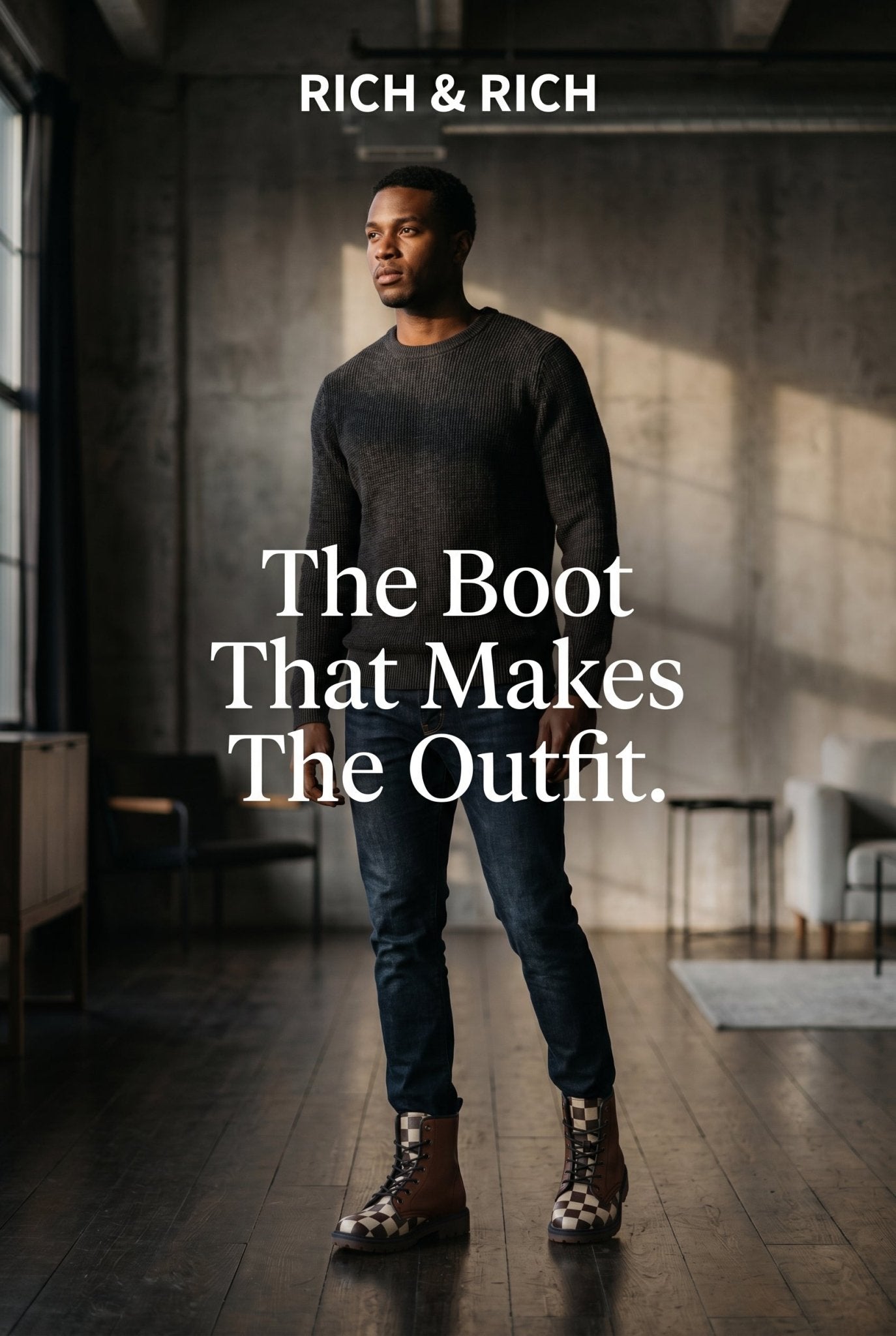 Chocolate brown men's faux leather boots with checker pattern and lace-up front — additional view 9