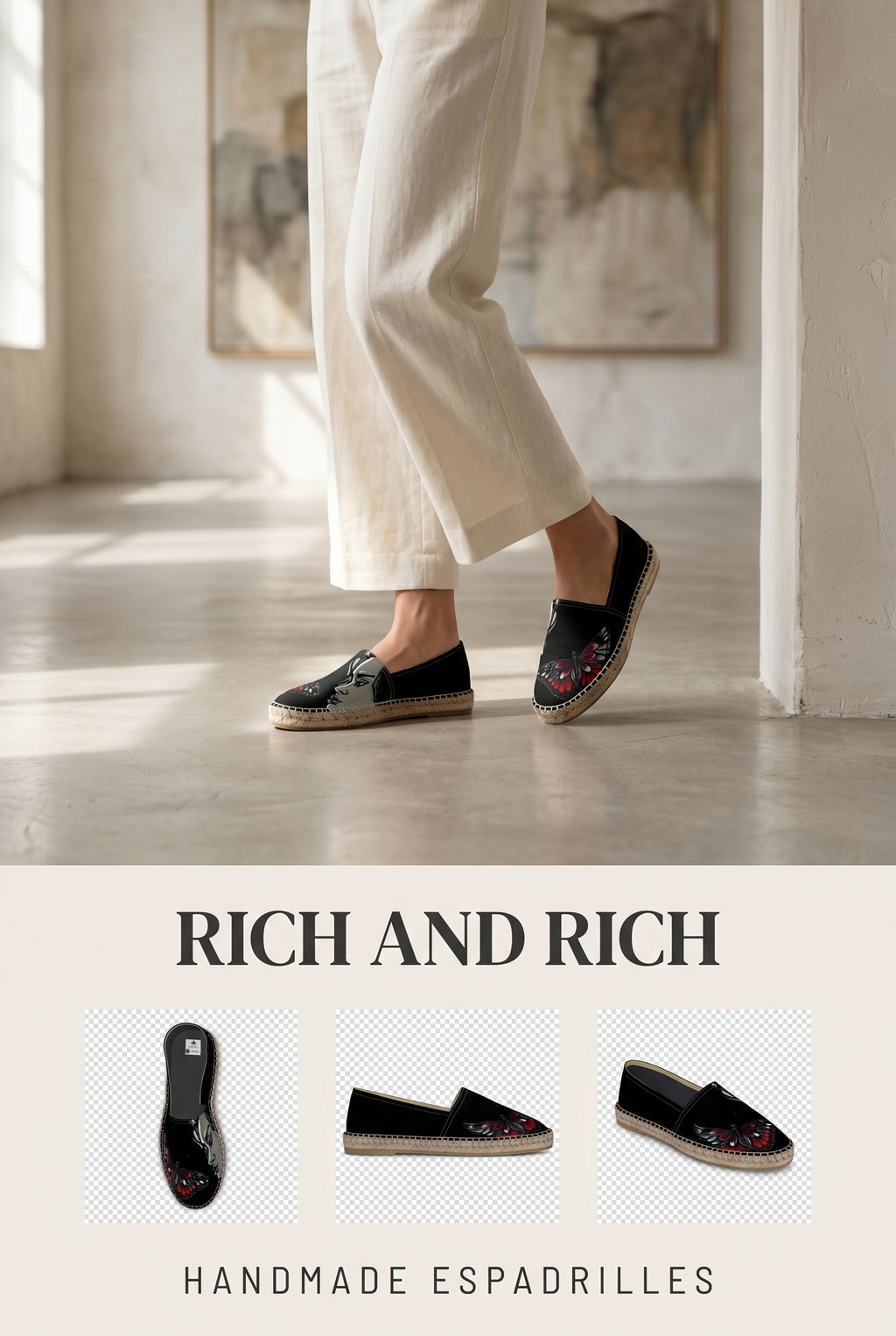 Rich and Rich Women’s Black Butterfly Caricature Black Espadrilles | Handmade Floral Graphic Slip-On Shoes