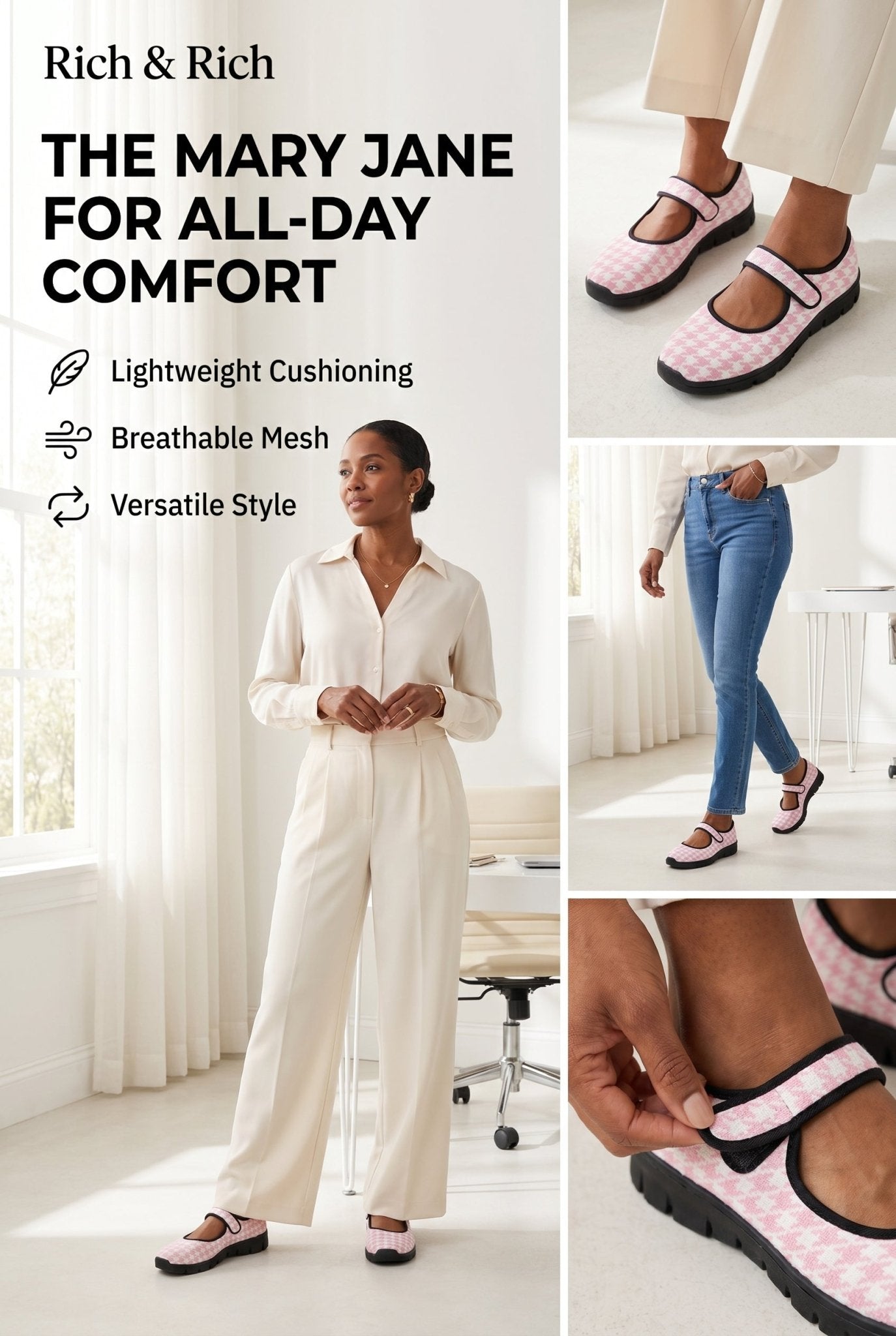 Pink and white houndstooth women's Mary Jane shoe with Velcro strap and EVA sole — additional view 11