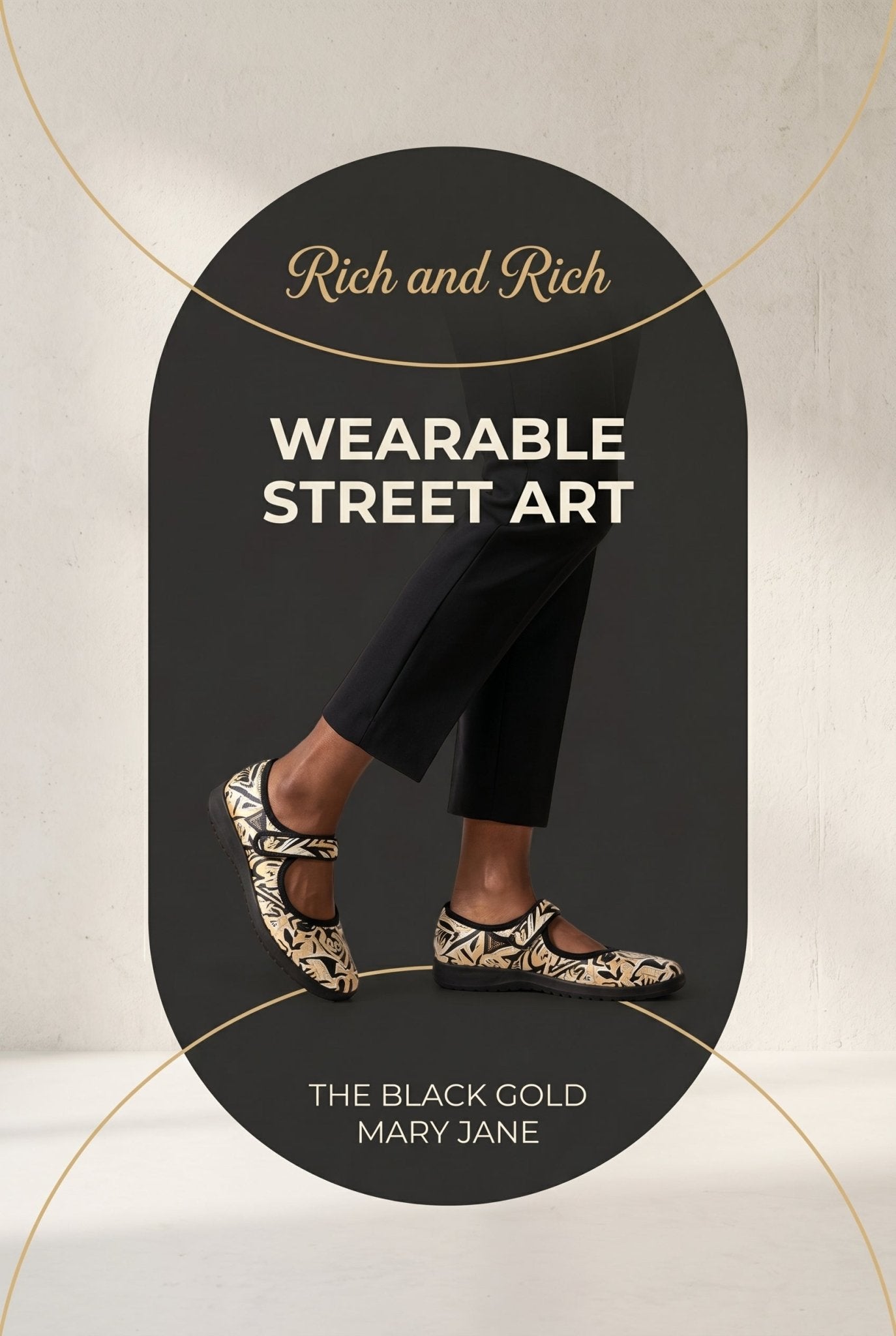 Black and gold street-art patterned women's Mary Jane shoe with Velcro strap and mesh upper — additional view 12