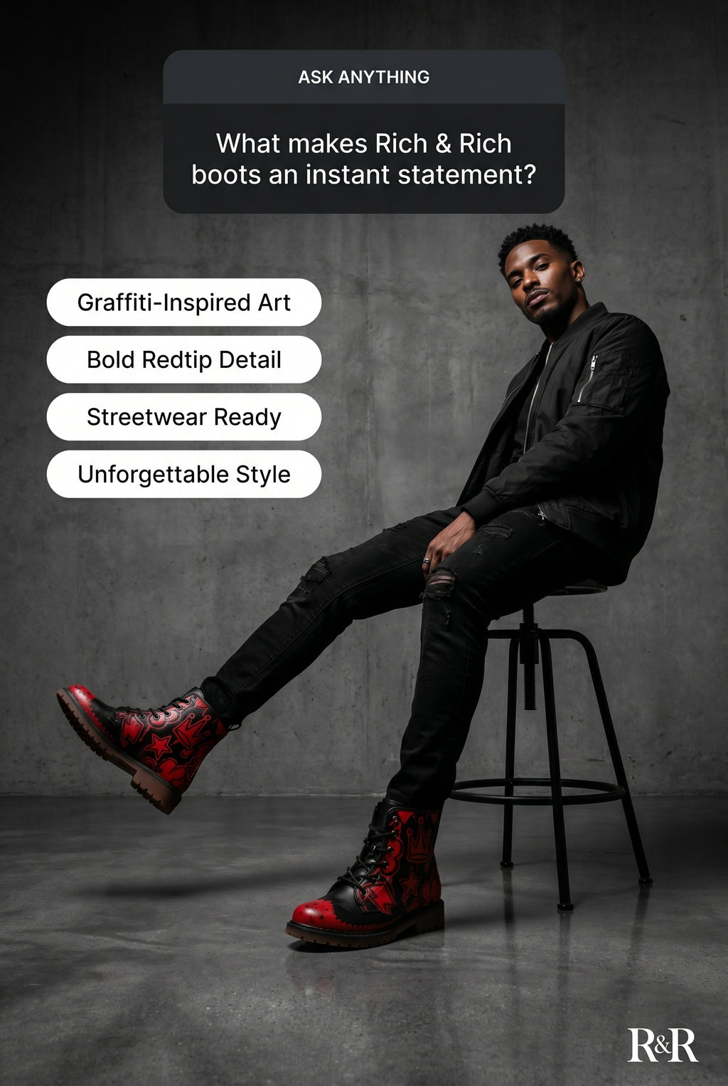 Rich and Rich Graffiti Black Redtip Men's Leather Boots