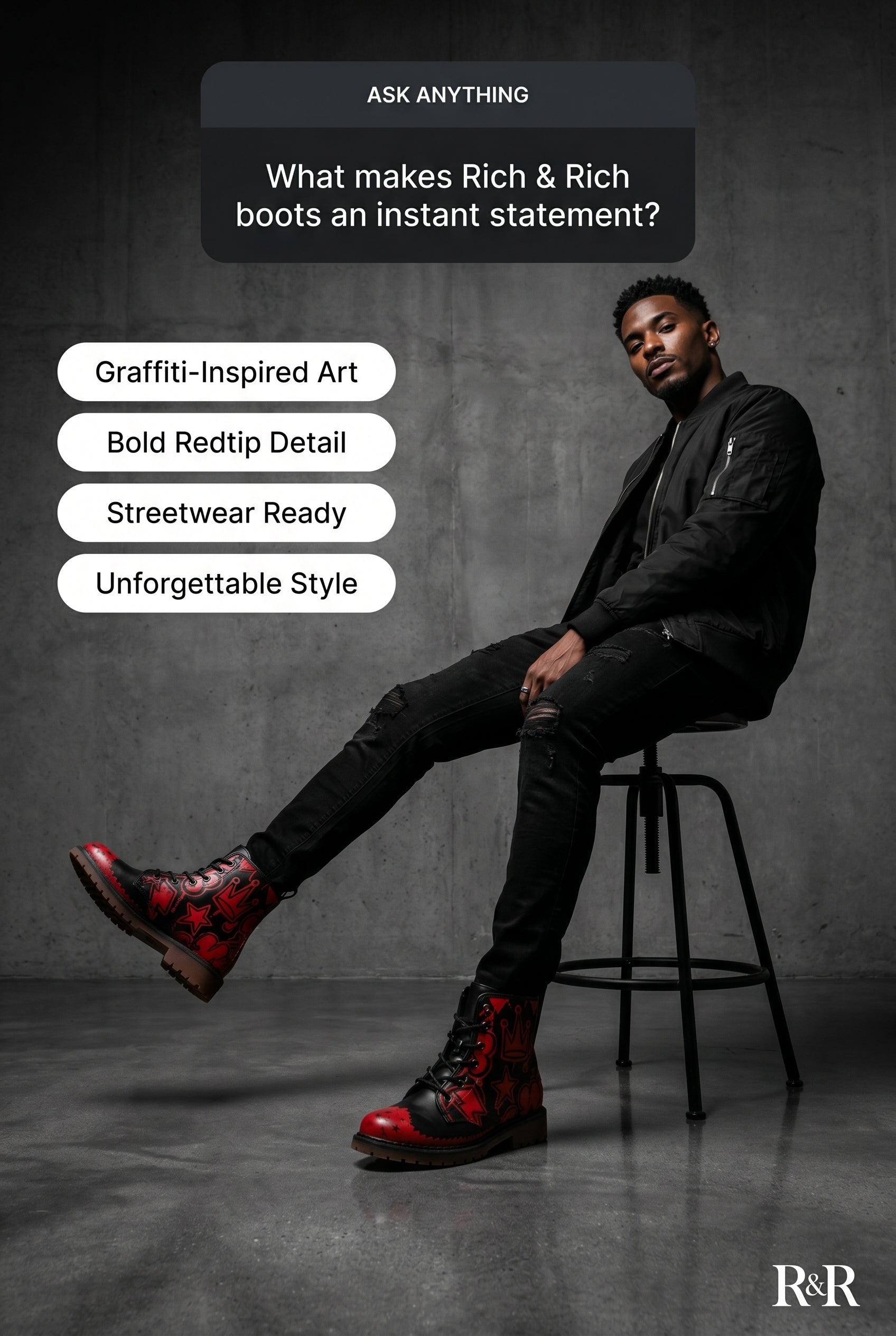 Rich and Rich Graffiti Black Redtip Men's Leather Boots