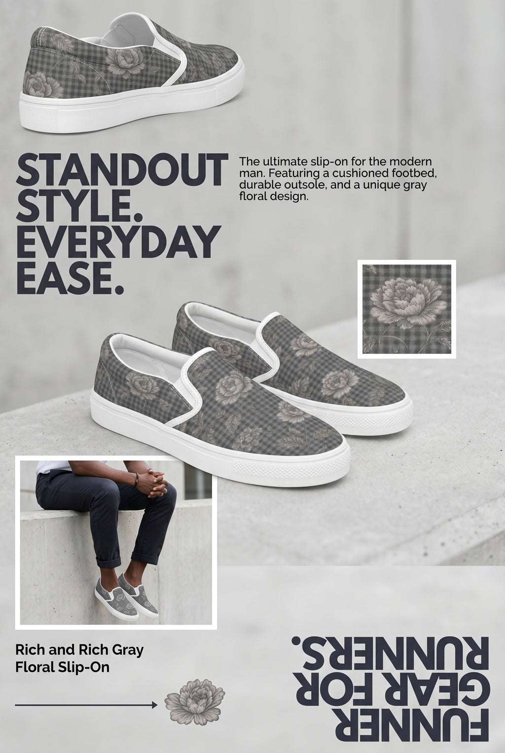 Rich and Rich Gray Floral Men’s Slip-On Canvas Shoes | Stylish Casual Floral Shoes for Men