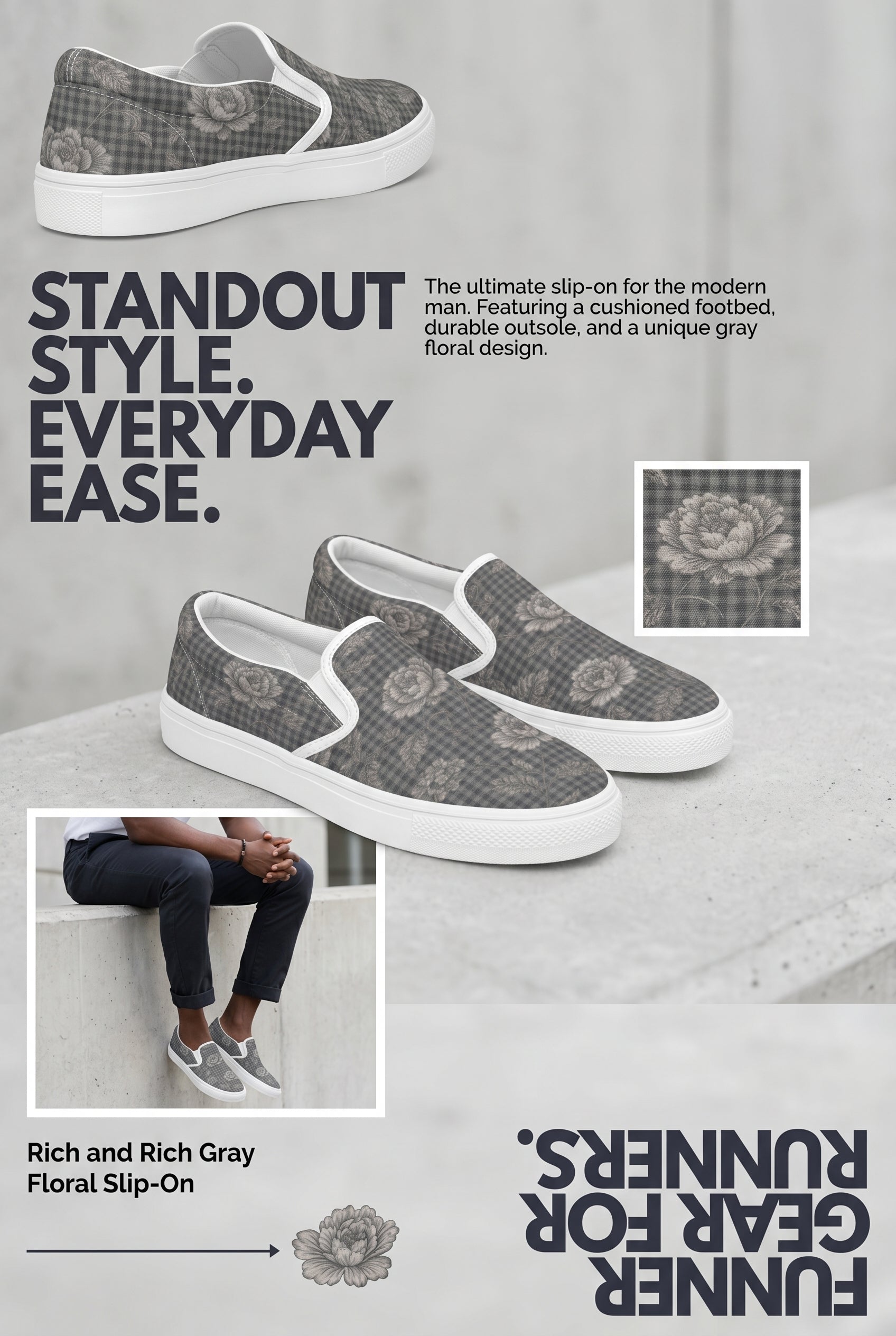 Rich and Rich Gray Floral Men’s Slip-On Canvas Shoes | Stylish Casual Floral Shoes for Men